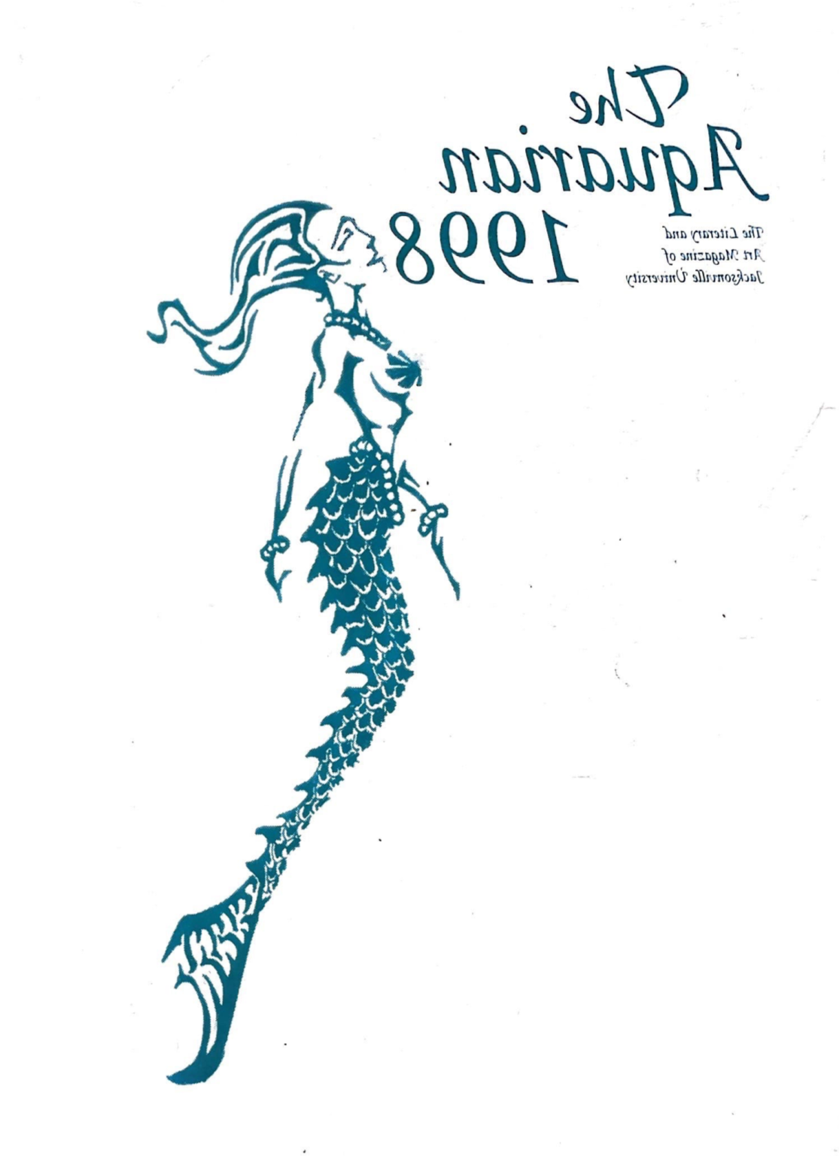 A white background with a blue cut-out style mermaid with the 1998 Aquarian Title